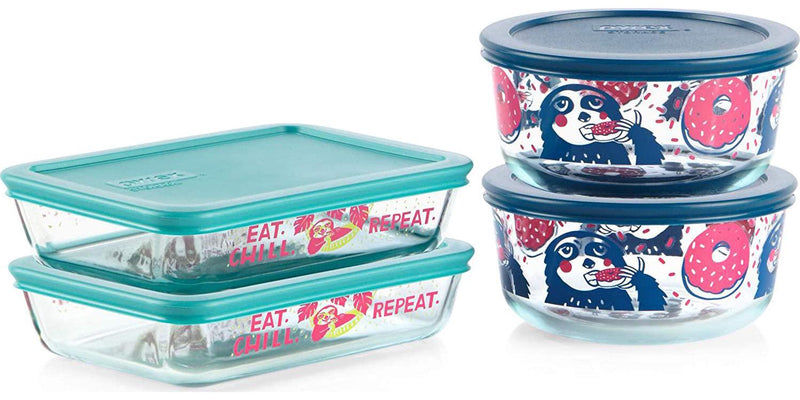 Pyrex Simply Store Decorated Glass Storage Set (8 Piece) Pure Magic Sloth Design, 2 x 4 Cup and 2 x 3 Cup Container