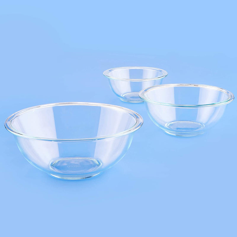 Pyrex Smart Essentials Glass Mixing Bowls, (3-Piece Set) 946mL, 1.4L and 2.3L