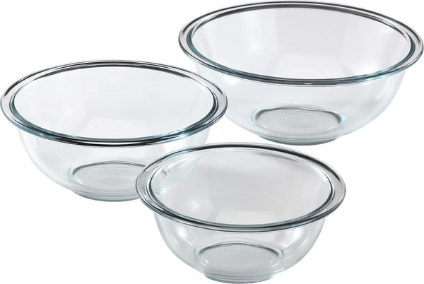 Pyrex Smart Essentials Glass Mixing Bowls, (3-Piece Set) 946mL, 1.4L and 2.3L