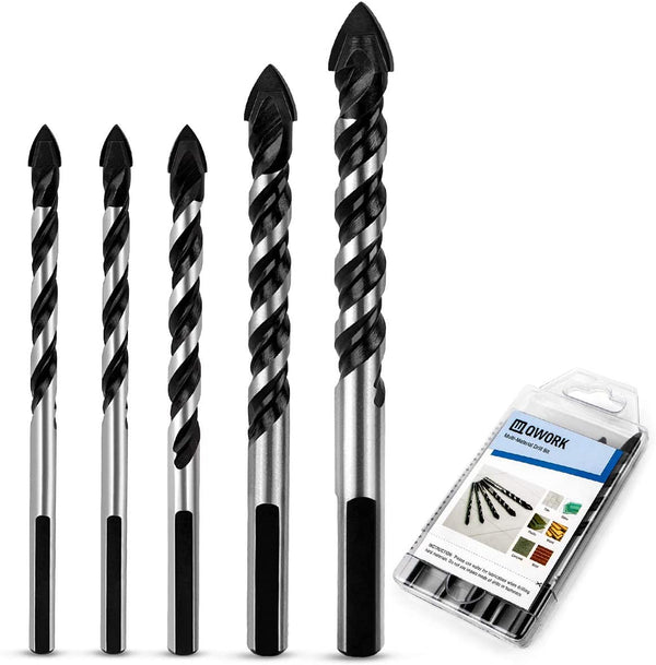 QWORK 5 Pcs Set (6, 6, 8, 10, 12mm) Multi-Material Drill Bit Set for Tile,Concrete, Brick, Glass, Plastic and Wood Tungsten Carbide Tip Best for Wall Mirror and Ceramic Tile on Concrete and Brick Wall