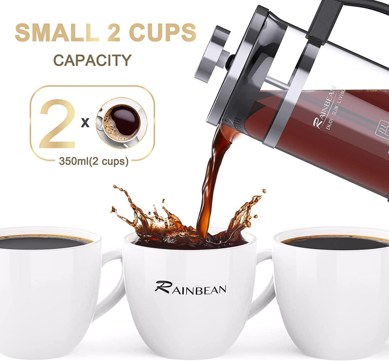 RAINBEAN Cafetiere Coffee Maker 3 Cups/350ml, French Press Coffee Maker - Heat Resistant Stainless Steel Filter Coffee Press (Arch Plastic Handle, 350ML)
