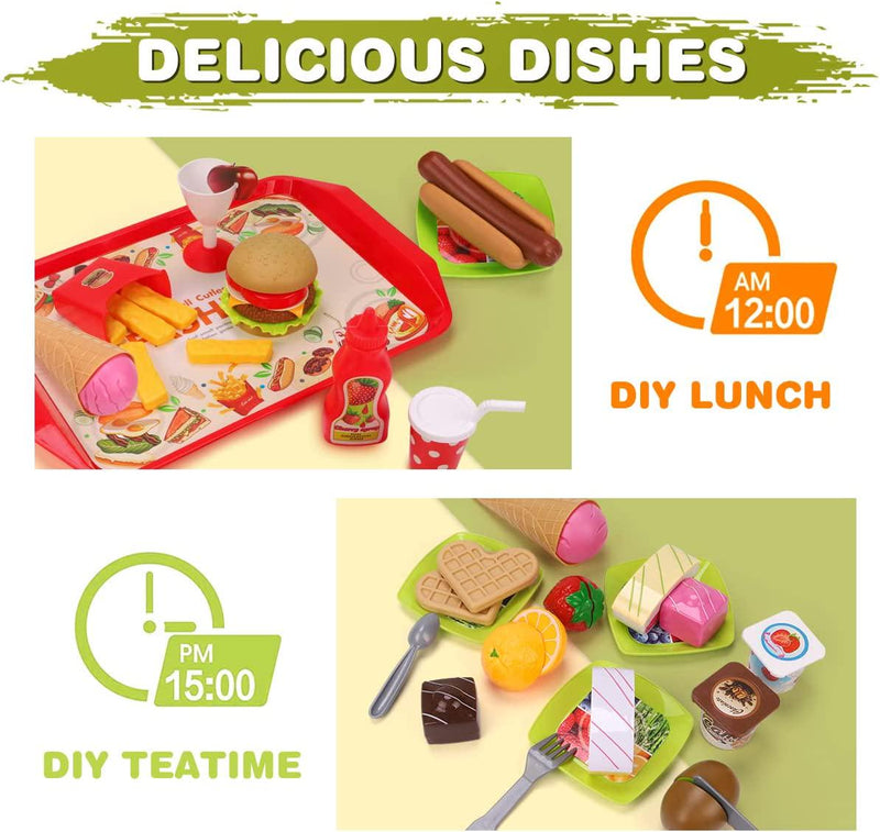 REMOKING Children Pretend Role Play Toys, Educational Food Toys for Toddler Girl Boy, Kids Preschool Learning Toys, Kitchen Toy, Hamburger, Hotdog, Cutting Fruit, Ice Cream Food Set