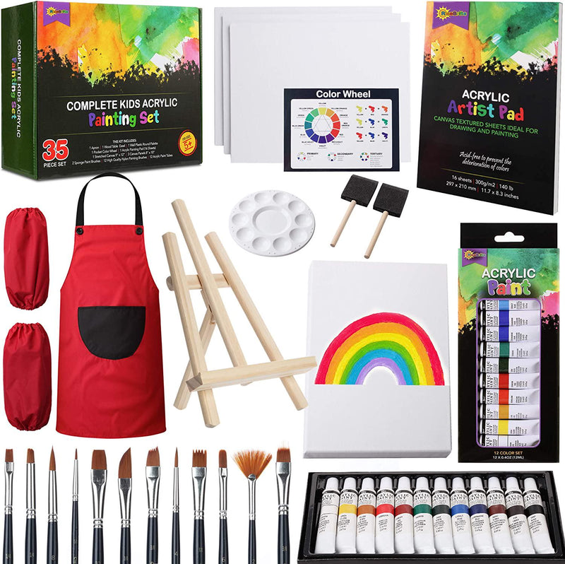 RISEBRITE Kids Art Set 35 Pcs Acrylic Paint Set for Kids Includes Non Toxic  Paint, Tabletop Easel, Paint Brushes, Canvas, Painting Pad, and More Art