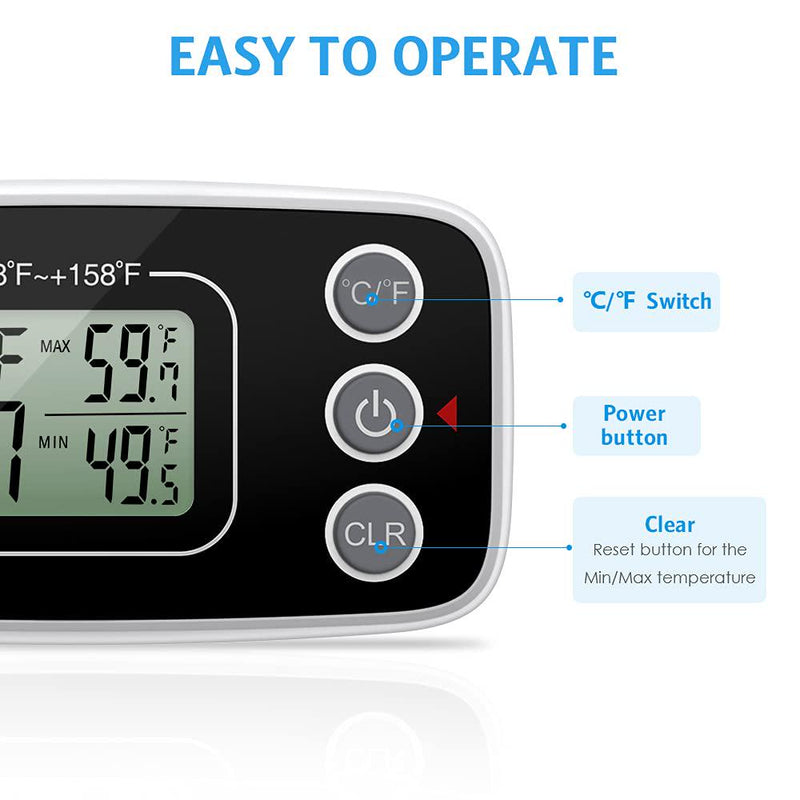 Refrigerator Fridge Thermometer, Digital Freezer Thermometer with Hook, Easy to Read LCD Display, Max/Min Function, Perfect for Home, Restaurants, Cafes, Bars, etc.