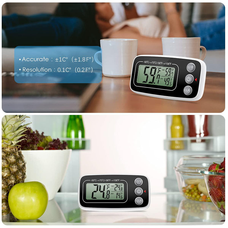 Refrigerator Fridge Thermometer, Digital Freezer Thermometer with Hook, Easy to Read LCD Display, Max/Min Function, Perfect for Home, Restaurants, Cafes, Bars, etc.