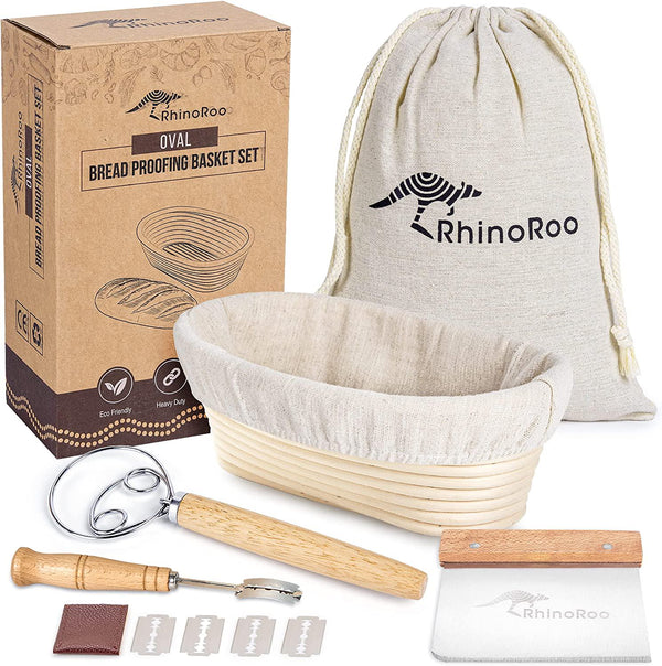 RhinoRoo Oval Banneton Bread Proofing Basket Set - Handmade Sourdough Proofing Basket with EBook, Bread Bag, Lame, Dough Scraper and Whisk - The Only Bread Banneton Set You Need for Fresh Baked Bread