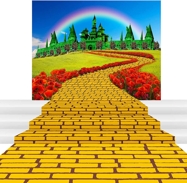 Road Runner Yellow Brick Road Runner and Emerald Castle Backdrop Party Decorations Yellow Brick Road Backdrop Floral Rainbow Photography Background Princess Decorations Party Supplies for Baby Shower