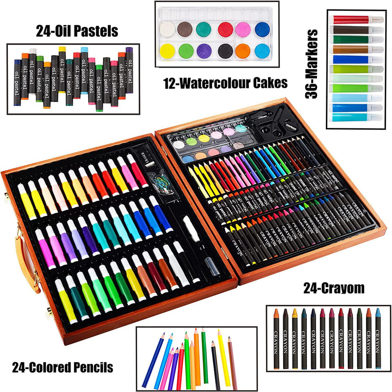 150 Piece Deluxe Art Set, Wooden Art Box & Drawing Kit with Crayons, Oil  Pastels, Colored Pencils, Watercolor Cakes, Sketch Pencils, Paint Brush,  Sharpener, Eraser 