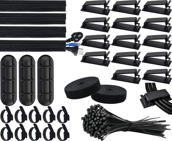 SOULWITÂ 134Pcs Cable Management Kit, 4 Tubing Cable Sleeve, 3 Silicone Cable Holder, 10+2 Roll Cable Organizer Straps, 15 Large Cord Clips and 100 Wire Fastening Ties for TV PC under Desk Home Office