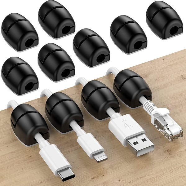 SOULWIT 16Pcs Barrel-Shaped Cable Holder, Cable Management Sticky Cord Organizer Clips Silicone Self Adhesive for Desktop Bedside USB Charging Cable Power Cord Wire PC Office Home (Black)
