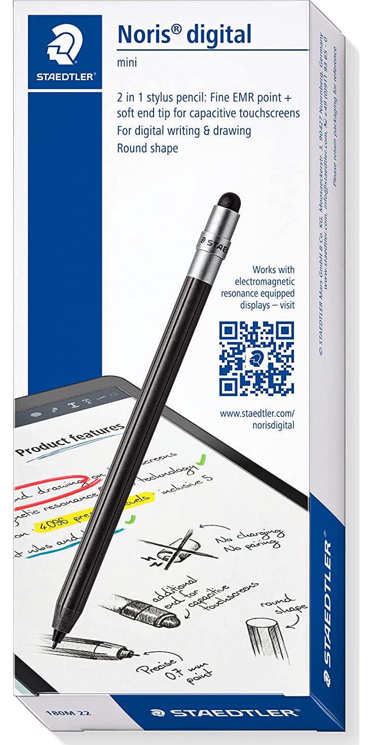 STAEDTLER Noris Digital Mini 180M 22. 2 in 1 Stylus Pen for Digital Writing and Drawing on EMR and Capacitive Touchscreens (Round Shape, Includes 5 EMR Replacement Tips and Tool)