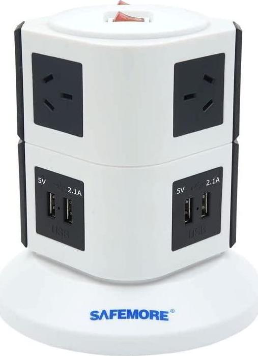 Safemore VPS Original Power Stackr 2 Level with 6 Power Outlets and 4 USB, White/Black