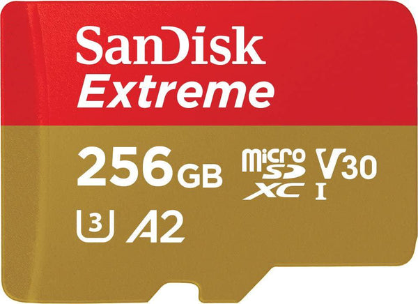 SanDisk 256GB Extreme microSDXC UHS-I Memory Card with Adapter - C10, U3, V30, 4K, 5K, A2, Micro SD Card - SDSQXAV-256G-GN6MA, Gold/Red
