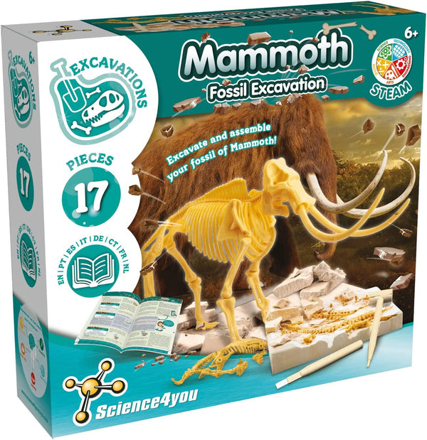 Science4you Mammoth Fossil Hunting Kit for Kids - Dig and Assemble The 17 Pieces Mammoth Fossil - Ideal Dinosaur Fossils Excavation Kit Toy for Fans of Jurassic, Archeology and Paleontology Sets