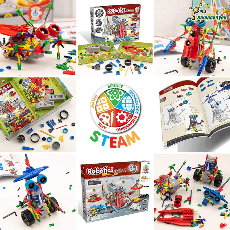 Science4you Robotics Alfabot - Robot Building Kit for Kids, 238 Pieces - Build Your Own Robots and Make Them Move - 3 Different Robots in 1 Toy - STEM Educational Toy for Kids Age 8-14