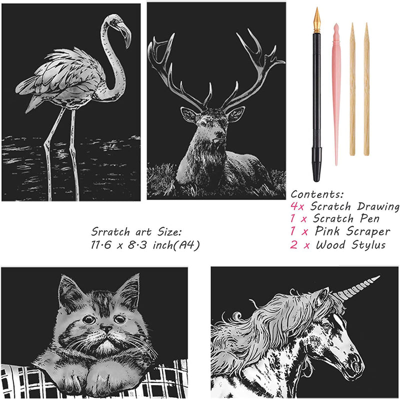  Scratch Art Rainbow Painting Paper, Craft Art Set: 4 Sheets  (A4) with 4 Tools, DIY Scratchboard Crafts Womens Hobbies, Engraving Arts  for Adults Scratch Painting Christmas Birthday Party Gift