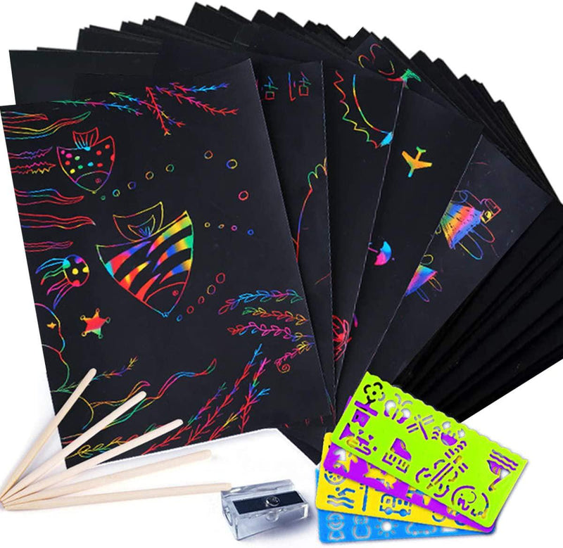 Scratch Paper Art Set, 50 Sheets Rainbow Magic Scratch Art Black Scrat