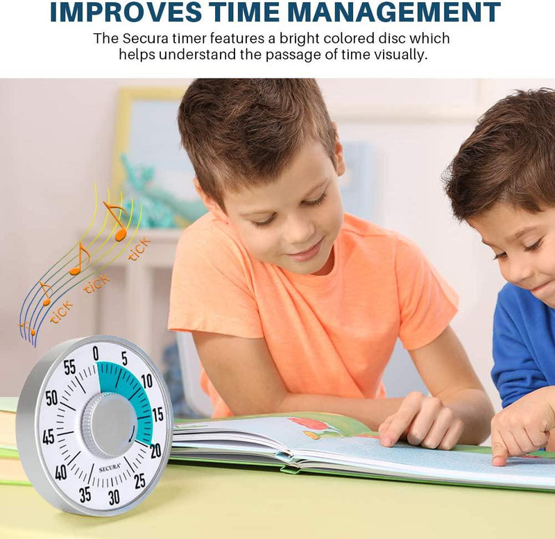 Secura 60-Minute Visual Timer, Silent Study Timer for Kids and