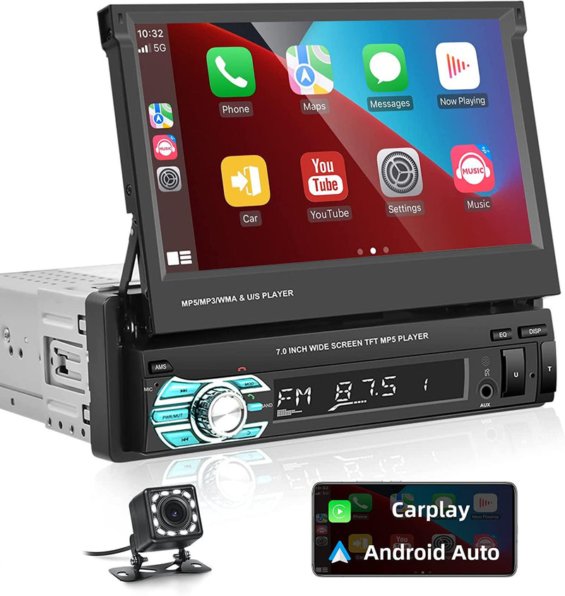 Single Din Car Stereo Compatible with Apple Carplay & Android Auto,  METEESER 5.1 Inch Bluetooth Backup Camera, Touch Screen Radio Support  FM/Mirror