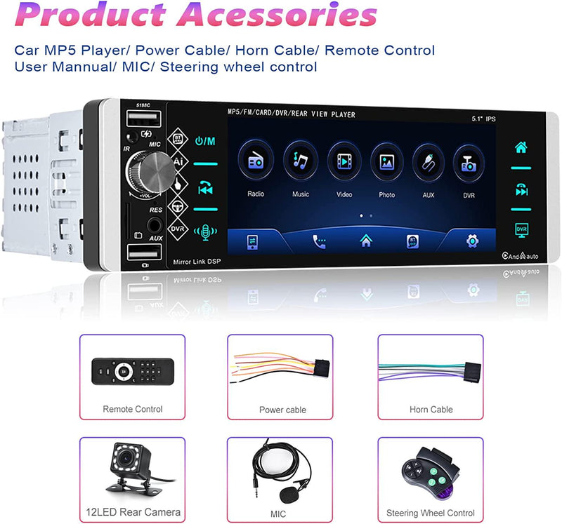 Single Din 5.1 Apple CarPlay Android Auto Car Radio MP5 Player Bluetooth  3-USB