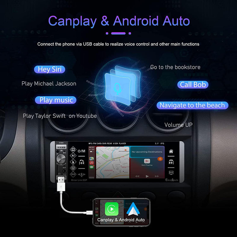 Single Din Car Stereo Compatible with Apple Carplay and Android Auto