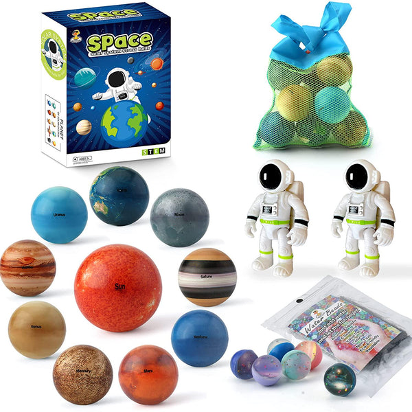 Solar System Planets Anti Stress Sensory Ball, Outer Space Exploration Water Beads Kit Toy for Kids, Adult and Autistic Children, with 16 Spaceballs 2 Astronauts and mesh Storing Bag