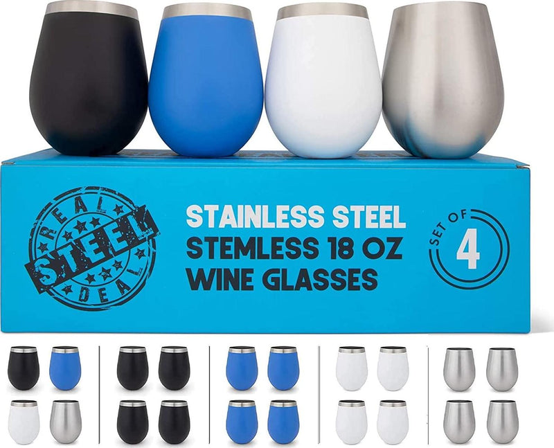 Stainless Steel Unbreakable Wine Tumblers: Stemless Camping Wine Glasses, NO LIDS, Cool Outdoor 18 oz Metal Wine Glass Set of 4 - Portable for Pool, Picnic - Drinking Cups for Outdoors (Assorted)