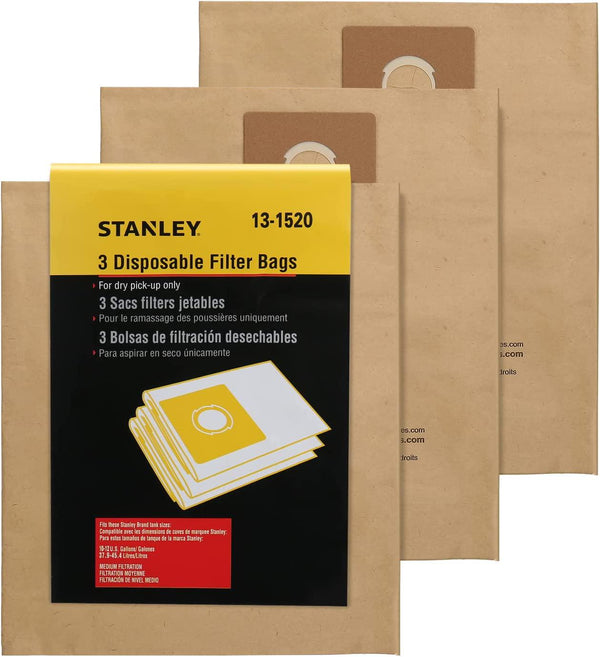 Stanley 13-1520 Fits 10-12 Gallon Disposable Filter Bag Stainless Steel Wet or Dry Vacuum Cleaner, 3-Pack