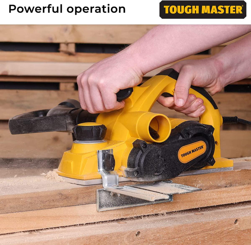 TOUGH MASTER Electric Power Planer, 1000W Wood Planer Machine, 2 Reversible HSS Blades, 3 Meter Corded Woodworking Surface Tool DIY Black and Yellow for Furniture