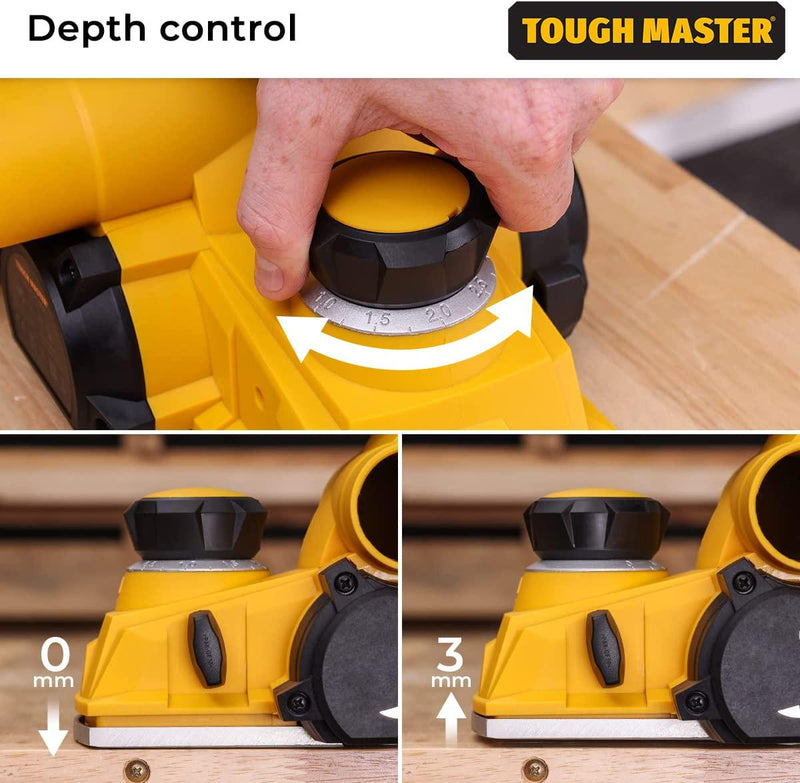 TOUGH MASTER Electric Power Planer, 1000W Wood Planer Machine, 2 Reversible HSS Blades, 3 Meter Corded Woodworking Surface Tool DIY Black and Yellow for Furniture