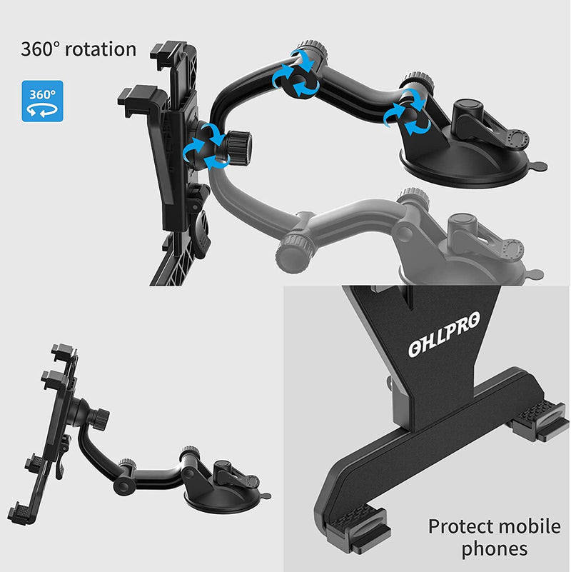 OHLPRO Tablet Car Mount Universal Tablet Holder for Car Windshield Dash  Dashboard, 360 Degree Rotation,TPU Suction Gel Stick, for iPad Mini  4/3/2/1Samsung Galaxy Size 7- 10.5 Tablet Mount 