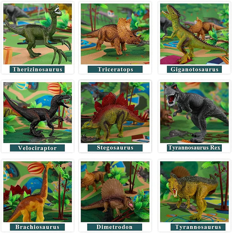Techshining Dinosaur Toy Figure w/ Activity Play Mat and Trees, Educational Realistic Dinosaur Playset to Create a Dino World Including T-Rex, Triceratops, Velociraptor, Perfect Gifts for Kids, Boys and Girls