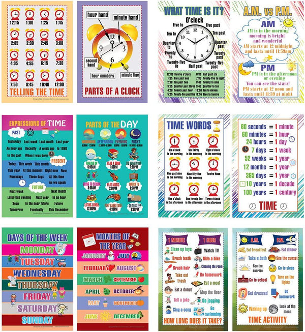 Telling Time Educational Learning Posters (6-Pack)