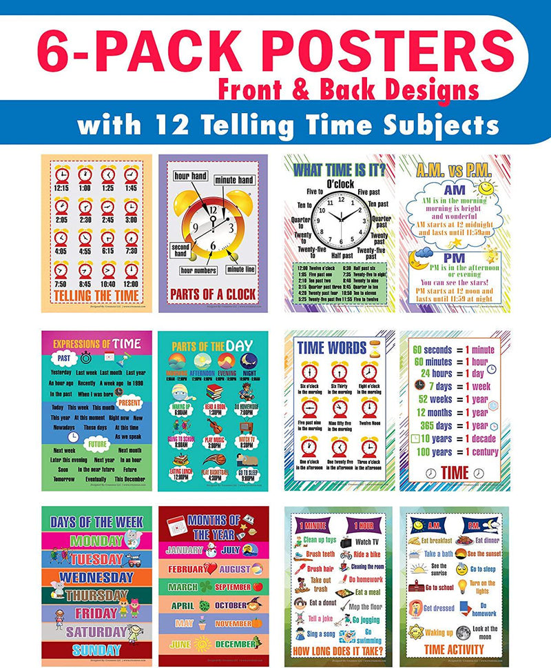 Telling Time Educational Learning Posters (6-Pack)