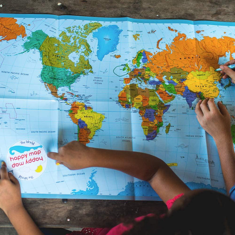 The World Happy Map for Kids | Laminated, Kid Friendly, and Markable World Map for Kids to Promote Creativity | A Fun Way to Learn Geography for Kids