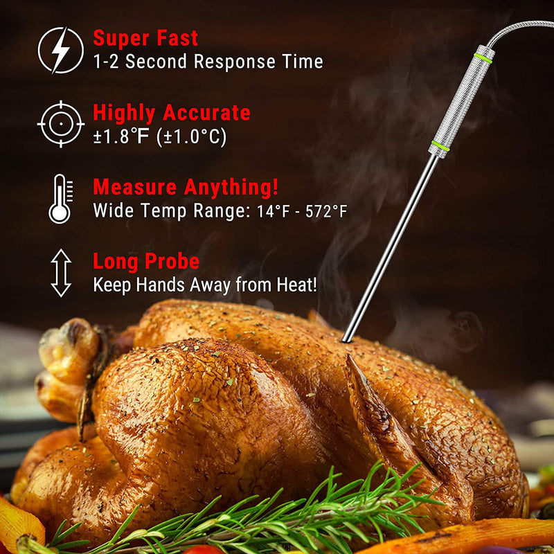 ThermoPro TP17H Meat Thermometer for Grilling and Smoking with 4 Temperature Probes for Beef Turkey Candy Deep Fry Cooking BBQ, Large, Sliver