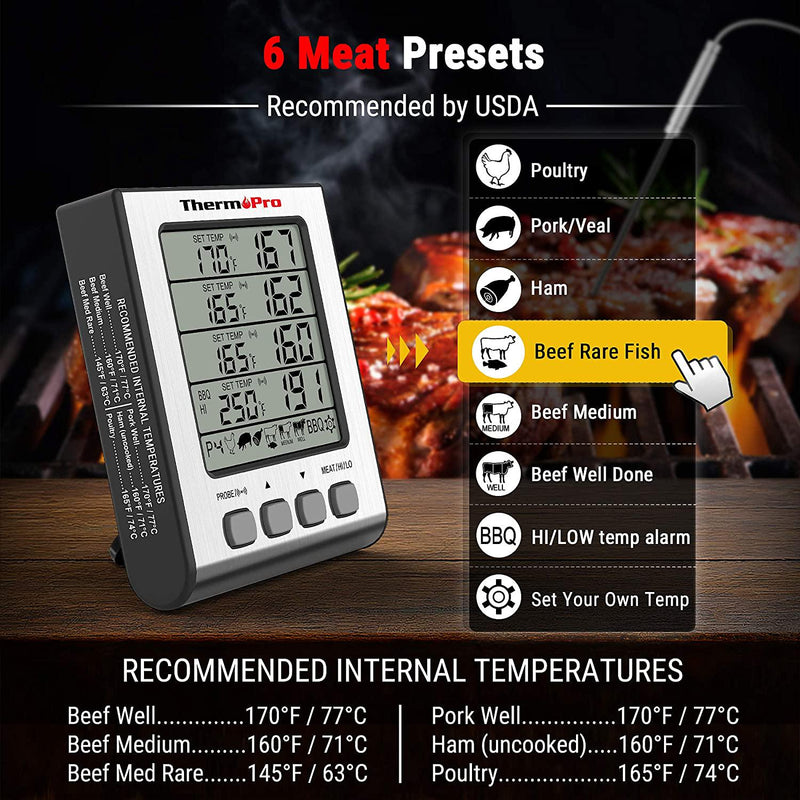ThermoPro TP17H Meat Thermometer for Grilling and Smoking with 4 Temperature Probes for Beef Turkey Candy Deep Fry Cooking BBQ, Large, Sliver