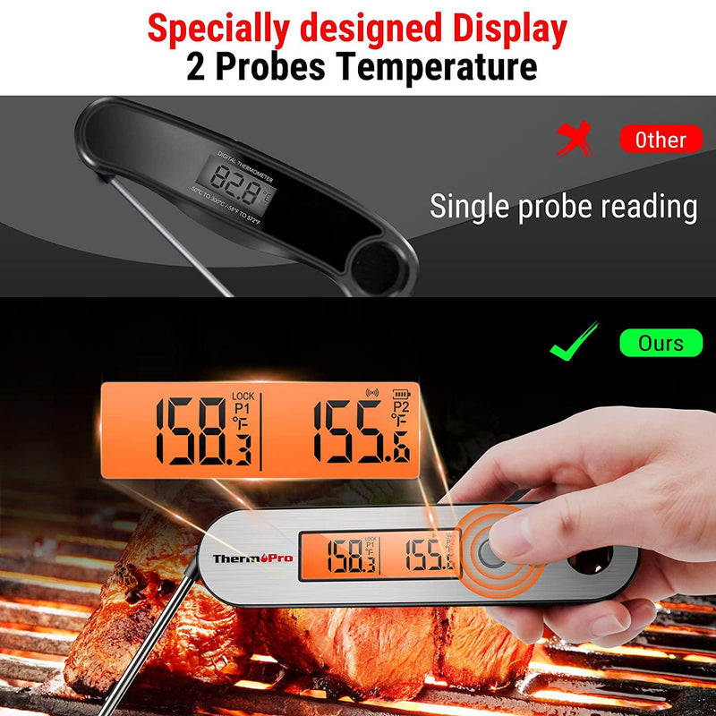 ThermoPro TP610 Dual Probe Meat Thermometer with Temperature Alarm, Rechargeable Instant Read Food Thermometer with Rotating LCD Screen, Waterproof Cooking Thermometer for Grilling, Smoker, BBQ, Oven