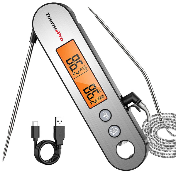 ThermoPro TP610 Dual Probe Meat Thermometer with Temperature Alarm, Rechargeable Instant Read Food Thermometer with Rotating LCD Screen, Waterproof Cooking Thermometer for Grilling, Smoker, BBQ, Oven