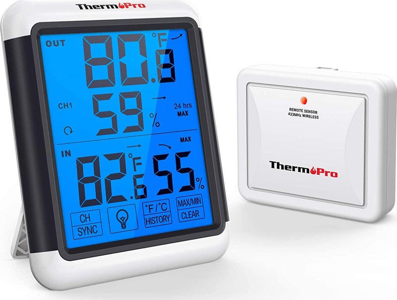 ThermoPro TP65 Digital Wireless Hygrometer Indoor Outdoor Thermometer Wireless Temperature and Humidity Monitor with Jumbo Touchscreen and Backlight Humidity Gauge, 200ft/60m Range