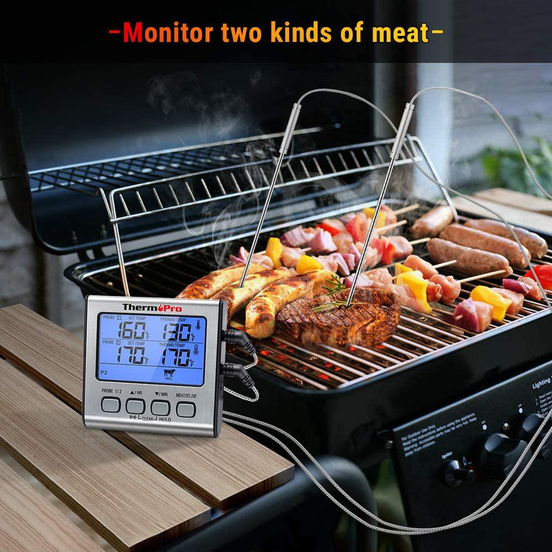 ThermoPro TP-17 Dual Probe Digital Cooking Meat Thermometer Large LCD Backlight Food Grill Thermometer with Timer Mode for Smoker Kitchen Oven BBQ, Silver