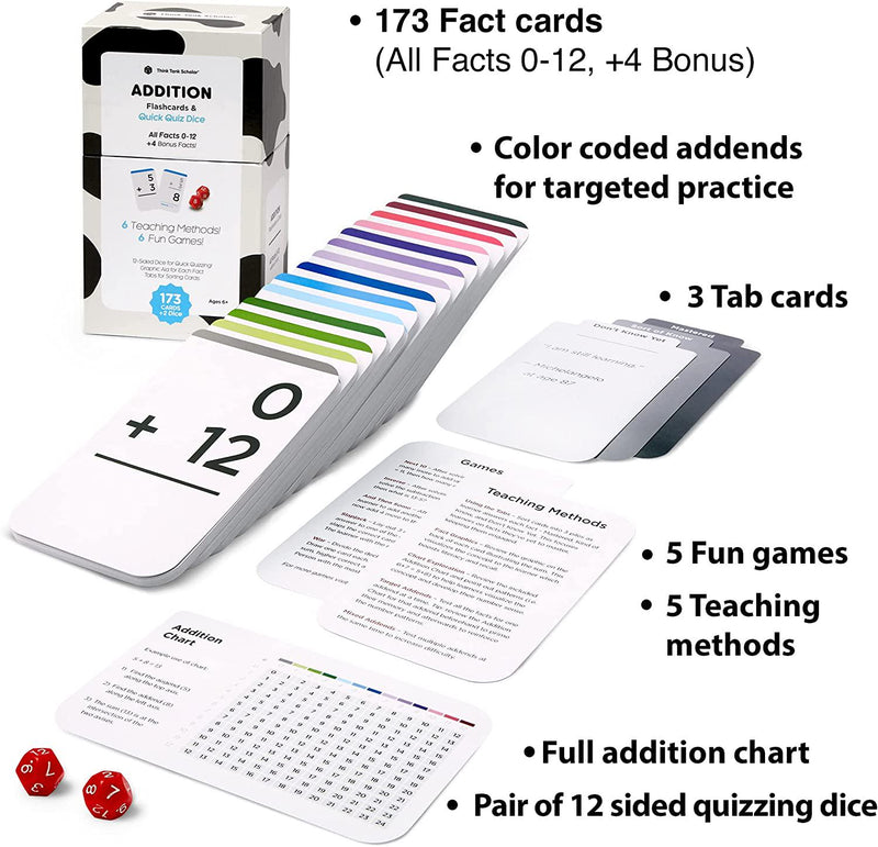 Think Tank Scholar 173 Addition Flash Cards with Quick Quiz Dice | Full Set (All Facts 0-12) | Best for Kids in Kindergarten, 1st, 2nd, 3rd Grade and Homeschool | Addition Games and Chart Included