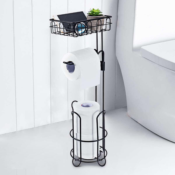 Toilet Paper Holder Stand- Tissue Paper Roll Storage Dispenser with Shelf for Bathroom Storage Holds Reserved Mega Rolls /Wipe/Phone