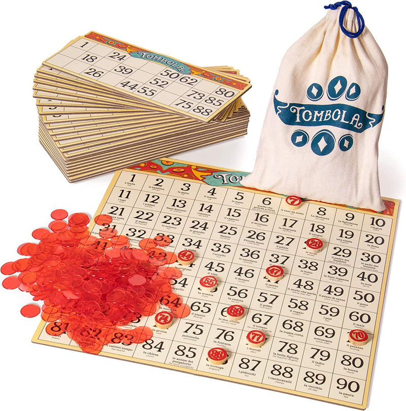 Tombola Bingo Board Game | The Italian Game of Chance for Family, Friends and Large Parties Up to 24 Players! | Includes Calling Board, 90 Tombolini Tiles, 24 Double-Sided Cards and 360 Chips
