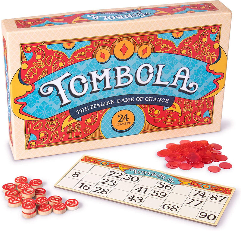 Tombola Bingo Board Game | The Italian Game of Chance for Family, Friends and Large Parties Up to 24 Players! | Includes Calling Board, 90 Tombolini Tiles, 24 Double-Sided Cards and 360 Chips