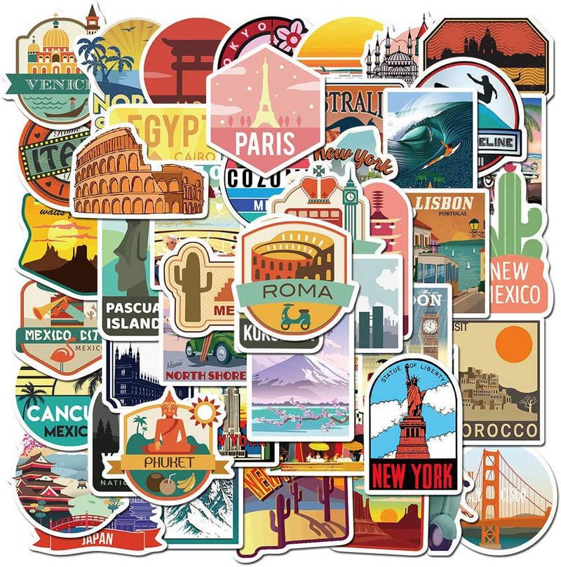 Travel Map Stickers for Kids Teens,50 PCS World Famous Country Regions Logo Graffiti Vinyl Waterproof Decals for Water Bottles Computer Bicycle Skateboard Luggage Phone Pad Laptop Stickers Pack