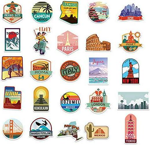 Travel Map Stickers for Kids Teens,50 PCS World Famous Country Regions Logo Graffiti Vinyl Waterproof Decals for Water Bottles Computer Bicycle Skateboard Luggage Phone Pad Laptop Stickers Pack