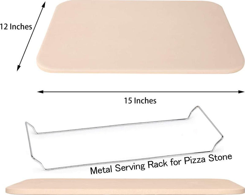 UCINNOVATE 15 X 12 Inch Rectangle Pizza Stone For Grill And Oven For Pizza Homemade Crisp Crust, Thermal Shock Resistant, 0.45 In Thickness Cordierite Ceramic, With SUS Serving Rack And Pizza Cutter Set