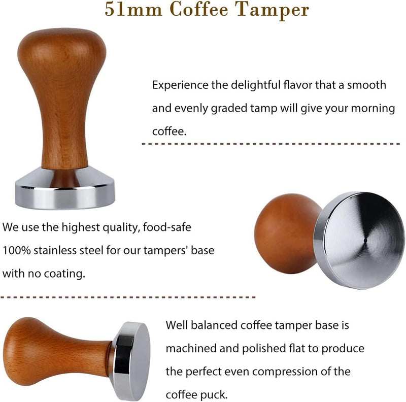 UCINNOVATE 51mm Coffee Tamper, Barista Espresso Tamper Coffee Bean Press with 100% Flat Stainless Steel Base, Professional Espresso Hand Tamper