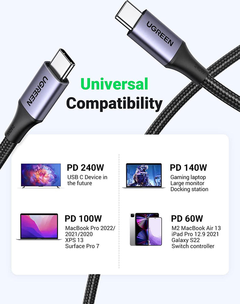 UGREEN 240W USB-C to USB-C Cable, USB Type C Power Delivery PD 3.1/3.0 Charging Cord 100W 60W for MacBook Pro, Huawei Matebook, iPad Pro 2021, Chromebook, Pixel, Galaxy Note 10 S21 S20 S10, Switch, 2M